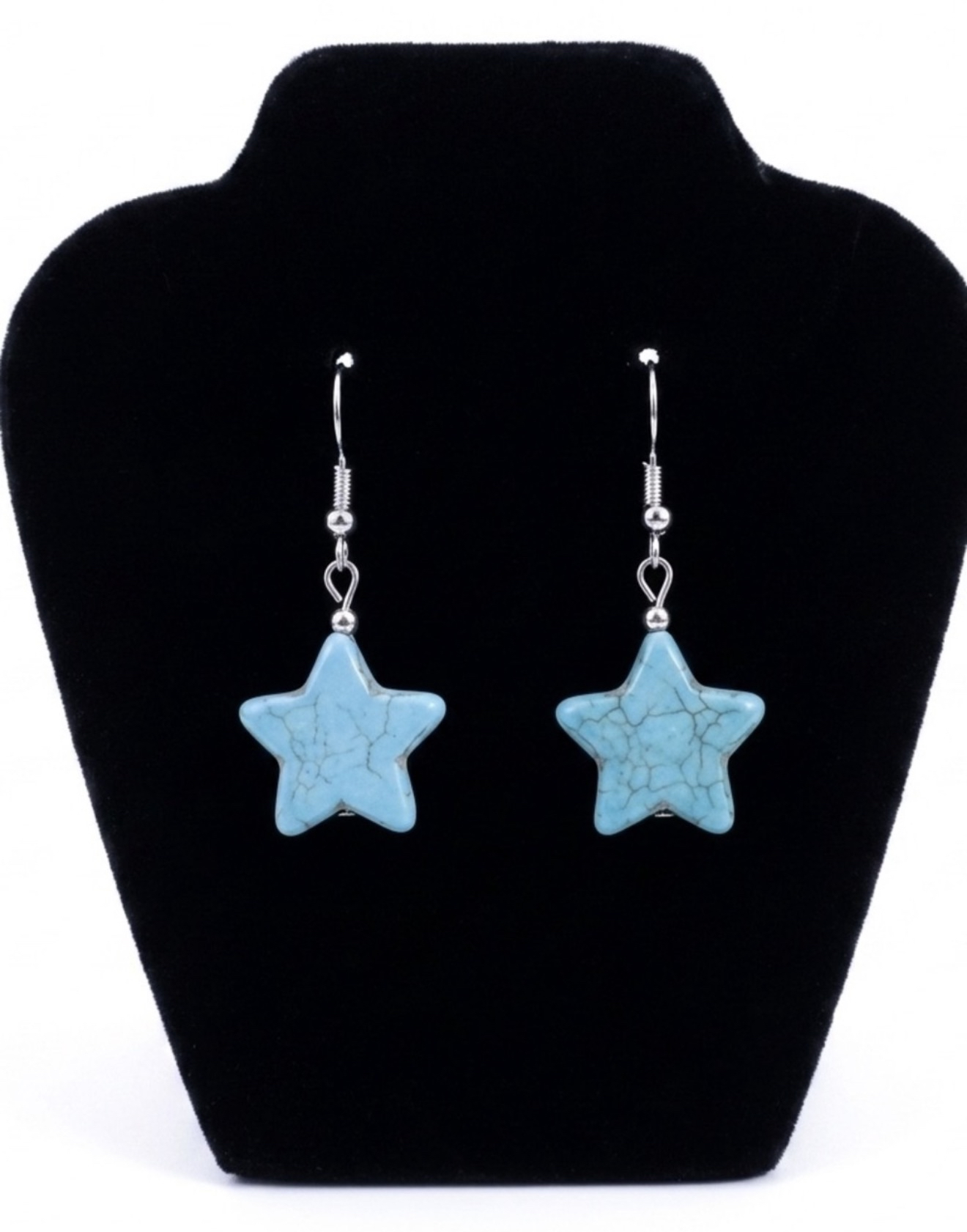 New Handmade S925 Sterling Silver Boheme Natural Turquoise Carved Star Earrings