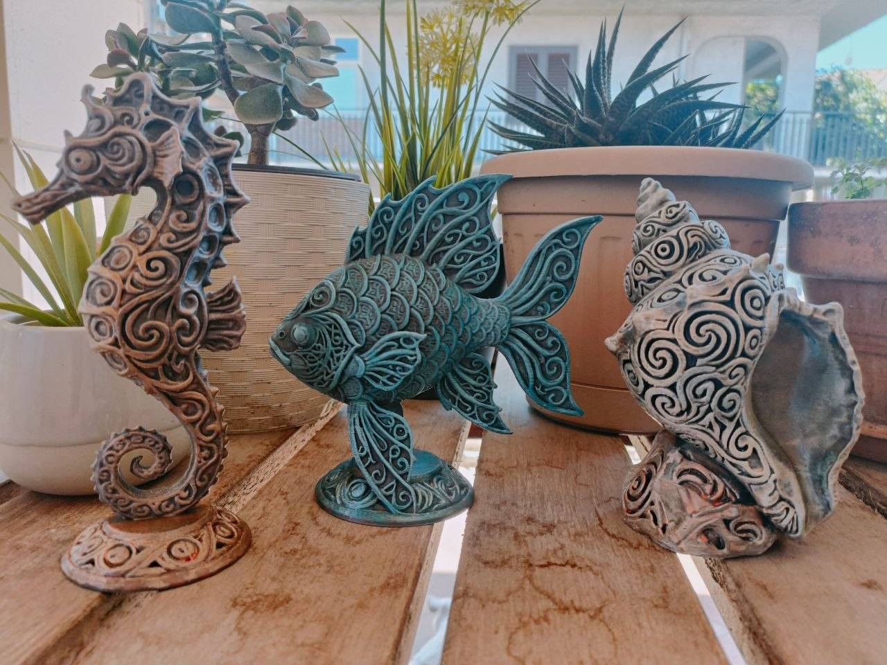 🌊 Ornate Carved Ocean Trio – Seahorse, Fish & Seashell Sculptures - Image 4