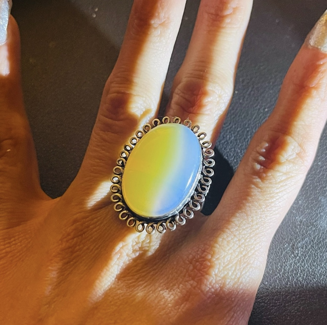 New 925 Sterling Silver Blue Yellow Triplet Opalite Artisten Oval Cut Ring SIZE 9 - Image 3