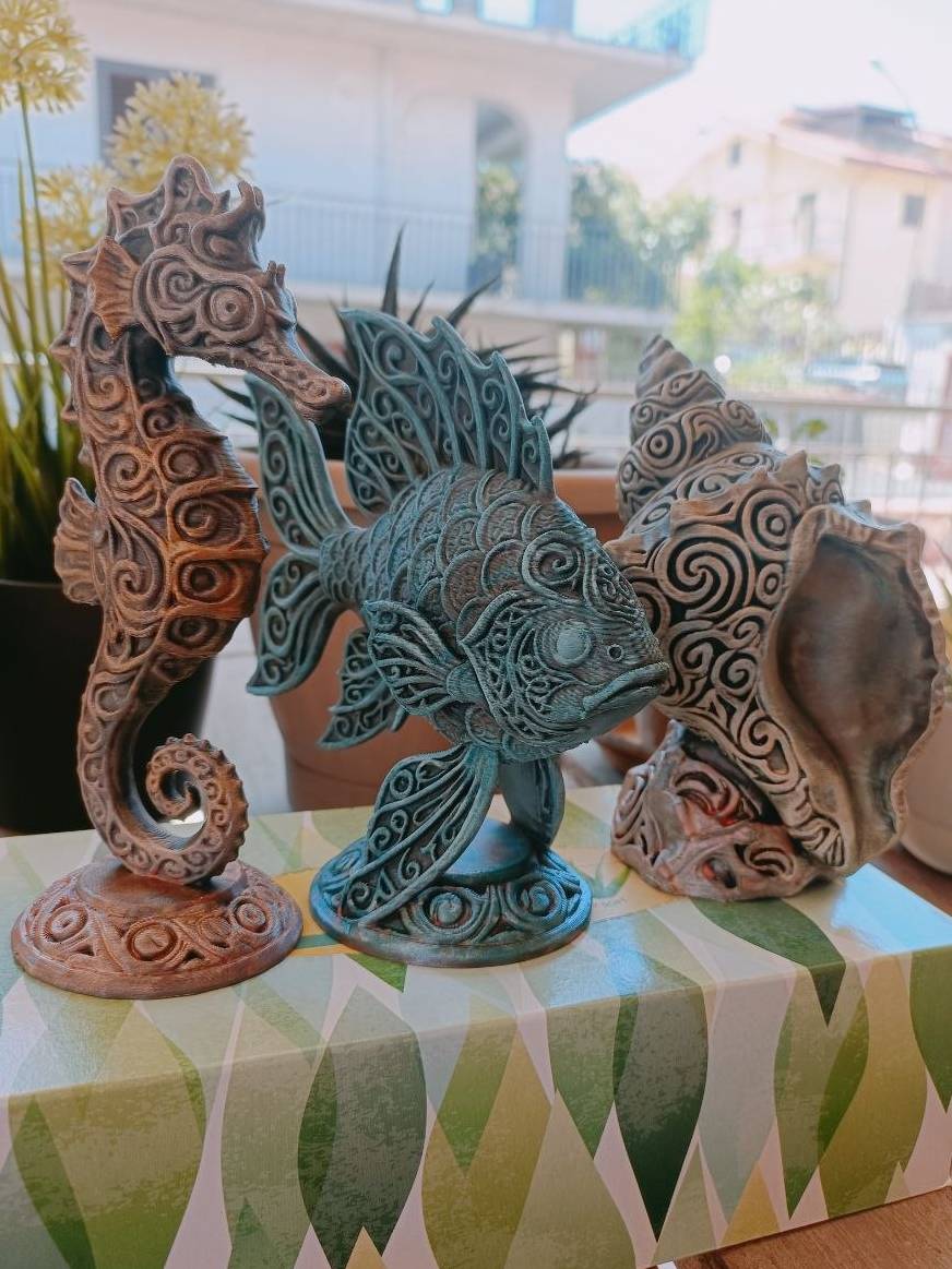 🌊 Ornate Carved Ocean Trio – Seahorse, Fish & Seashell Sculptures - Image 3