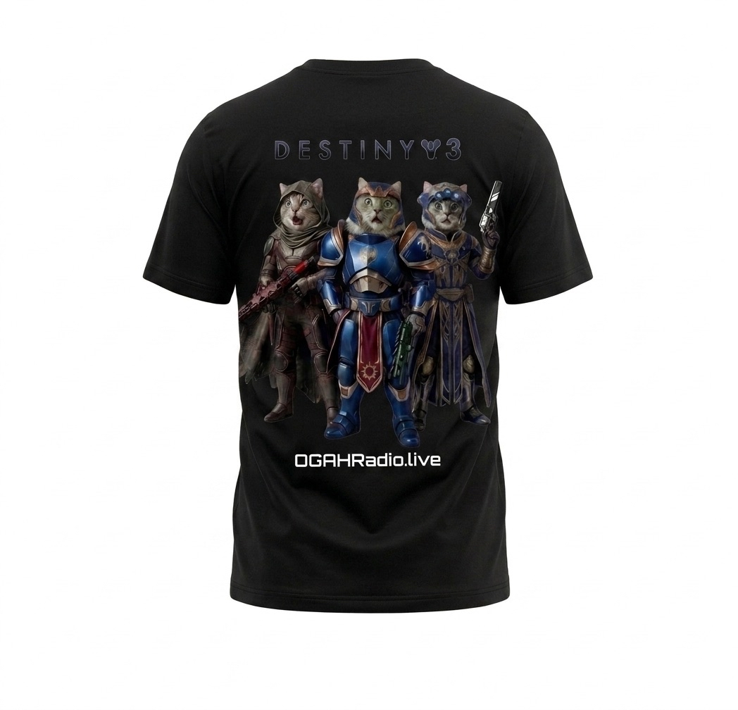 OGAHRADIO - DESTINY 3 Caddy Shocked Guardian T-Shirt Front & Back - Image 4