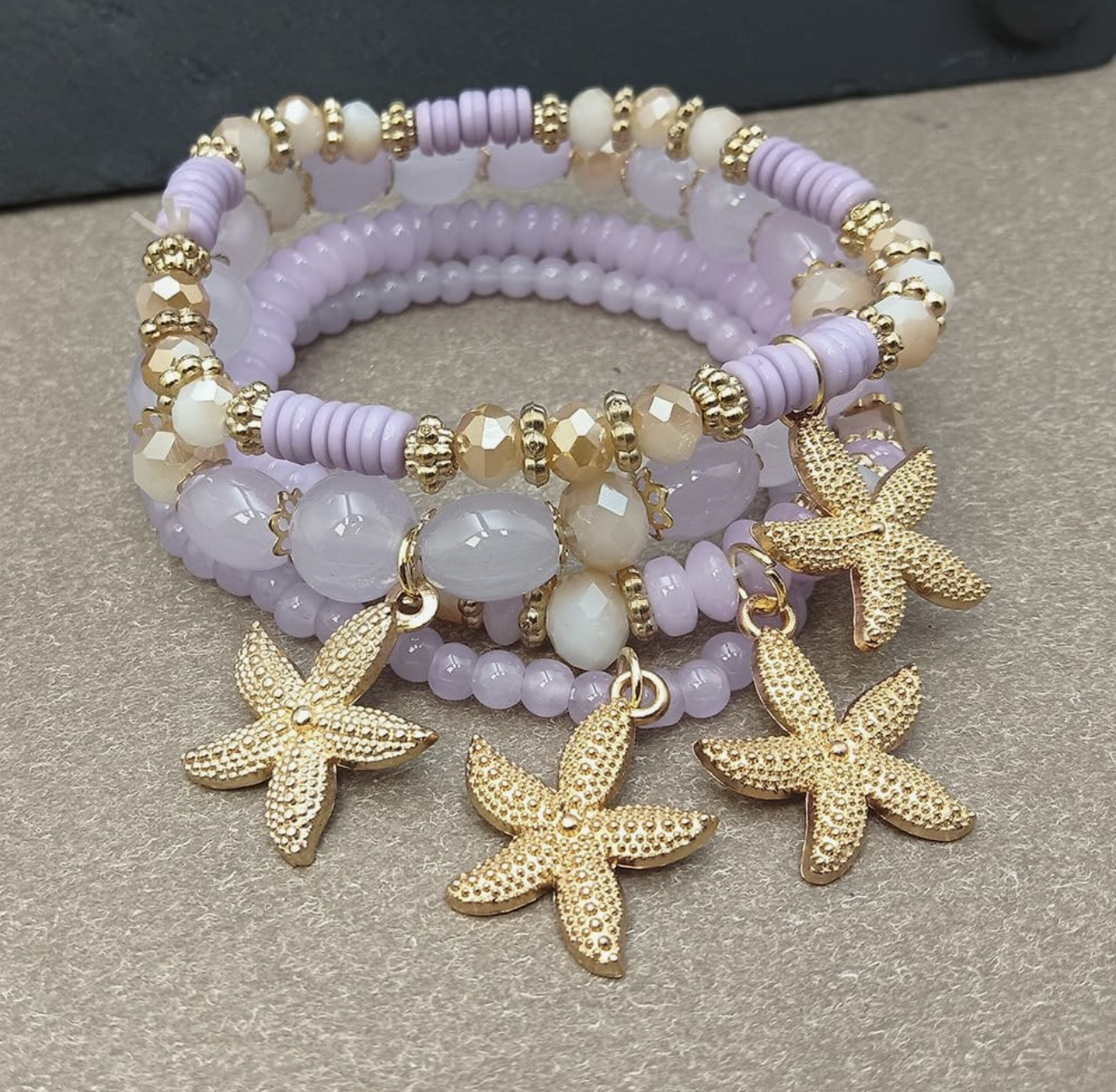 Boho Multilayer Crystal Purple/Gold Beaded Starfish Stretch Bracelets (4 Pcs) - Image 3