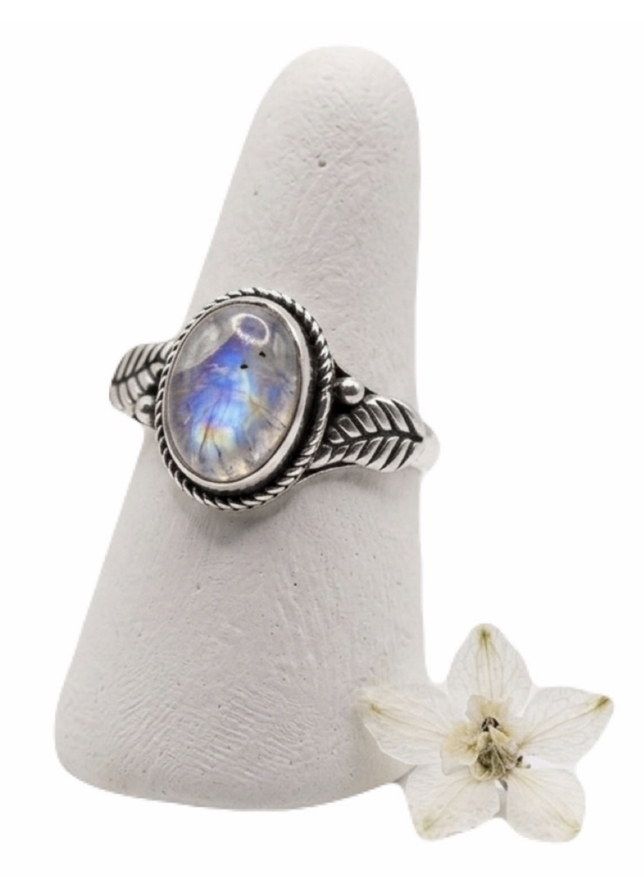 New RARE Rainbow Moonstone Uncommon Blue Purple Artisan 925 Sterling Floral Ring - Made by Nerdy